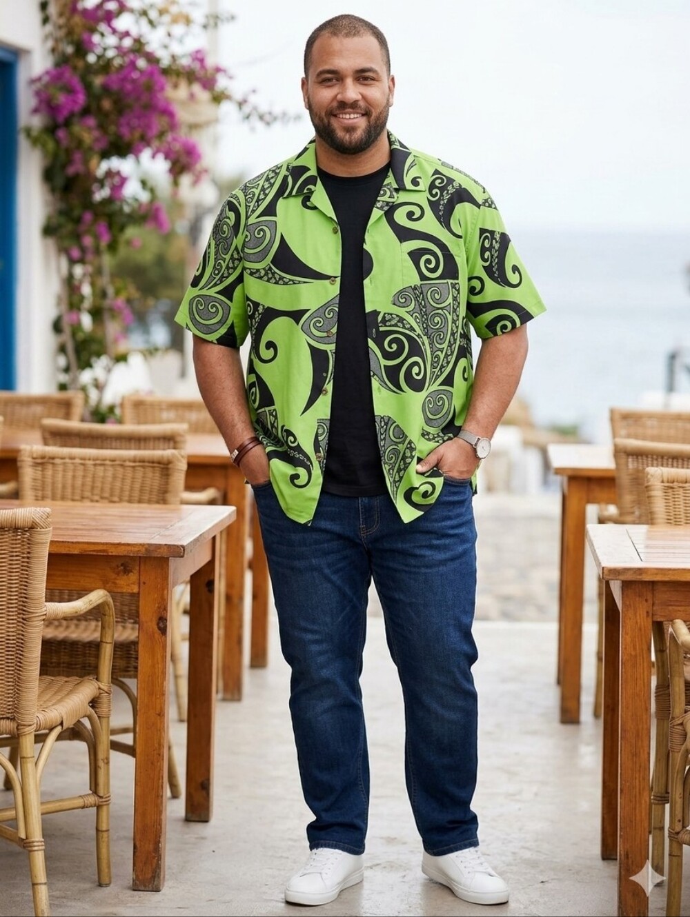 Makani Men's 3XL Green & Black Polynesian tribal design Button-Down